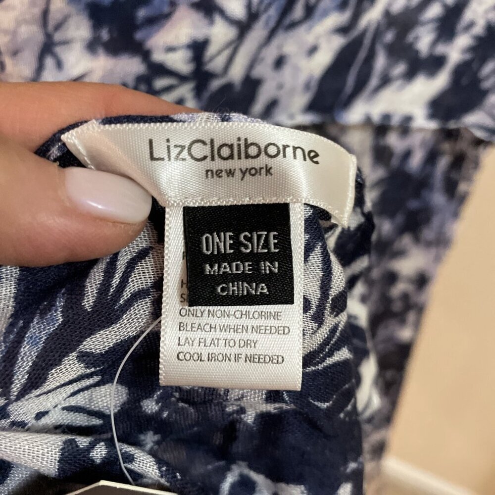 Liz Claiborne Abstract Floral Scarf Shawl Wrap 26X80" Navy Fringe Boho NWT - Picture 5 of 9